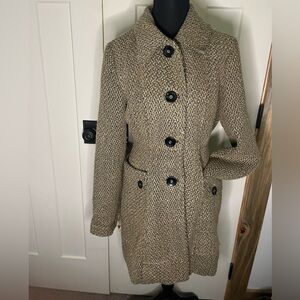 Tulle/Anthropologie Textured Black and Tan Tweed Peacoat Trenchcoat Satin Lined